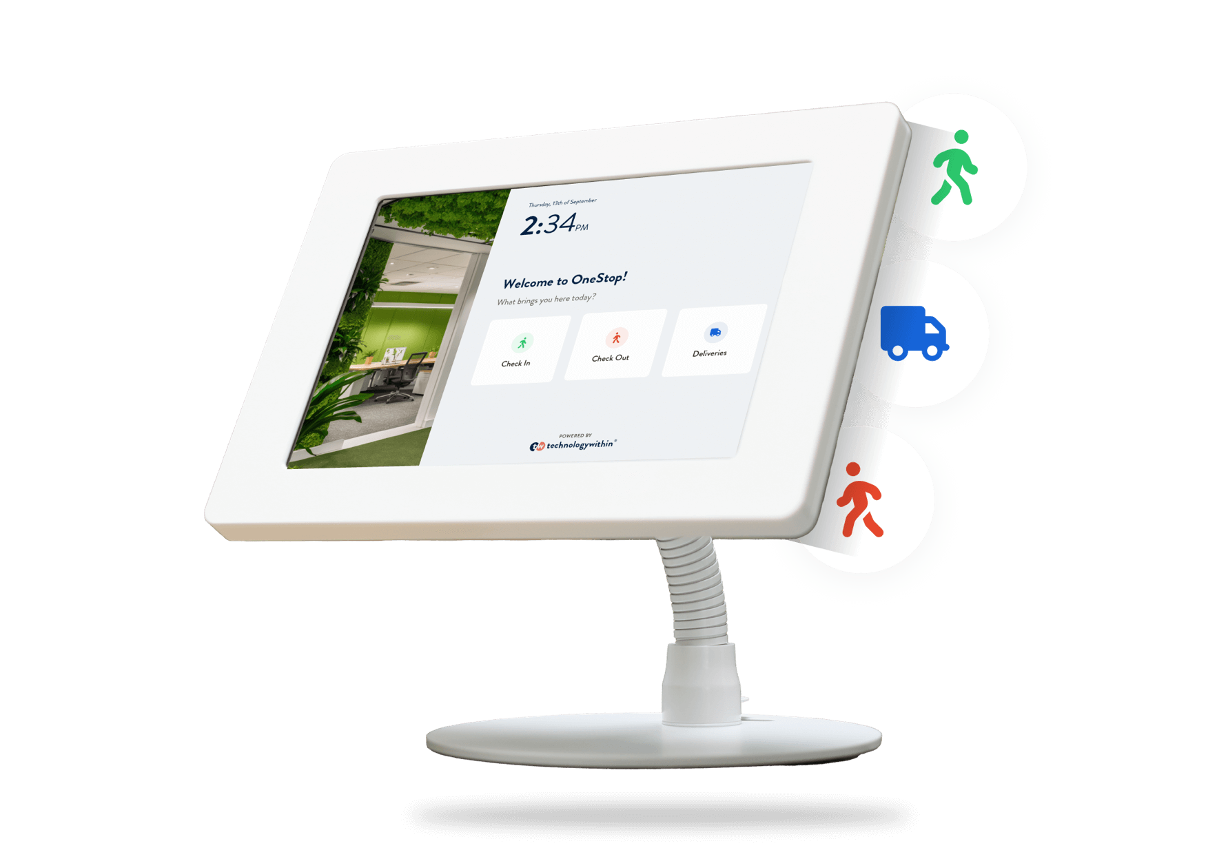 twiinconcierge sign-in tablet with icons for visitors, deliveries and staff