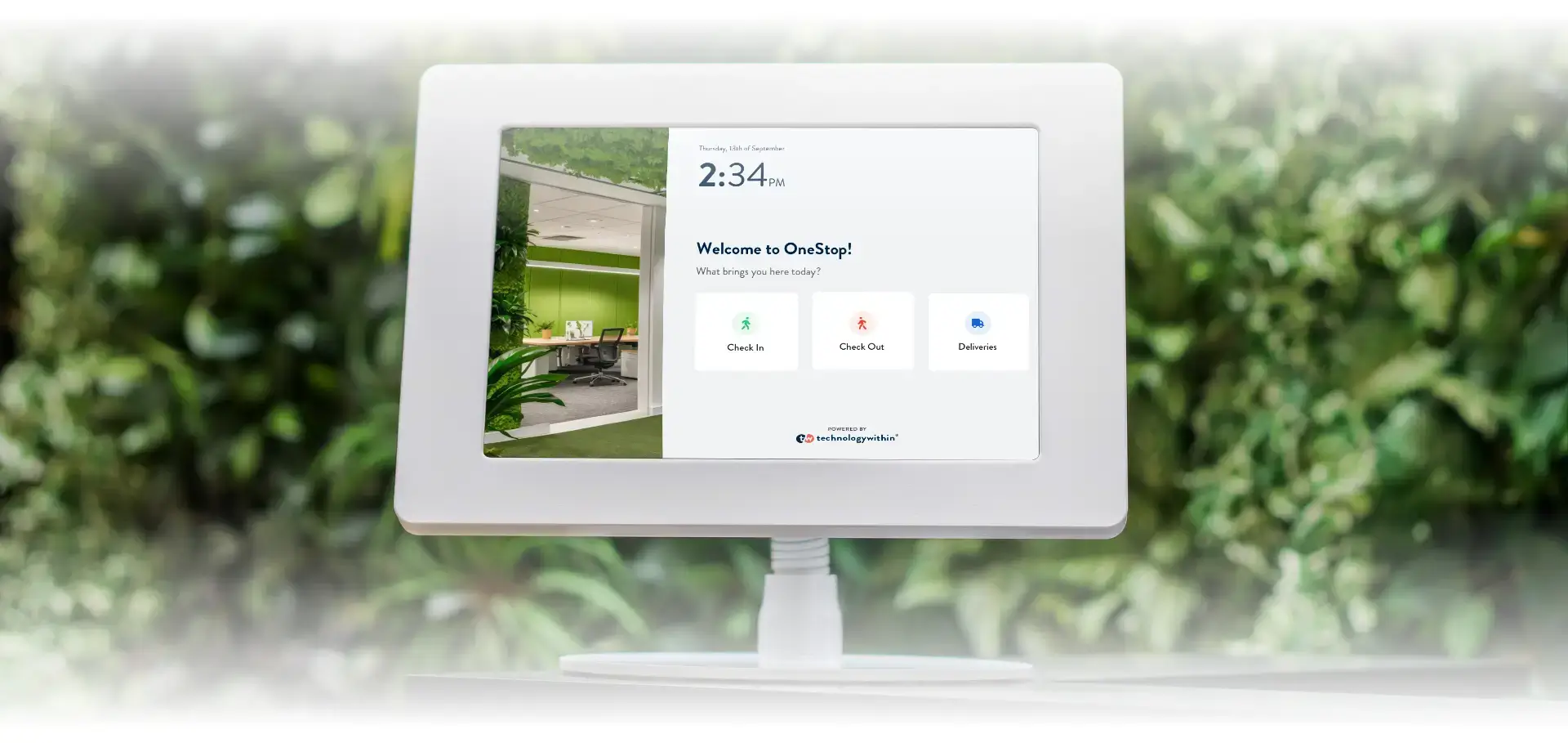 twiinconcierge visitor sign-in tablet on a stand