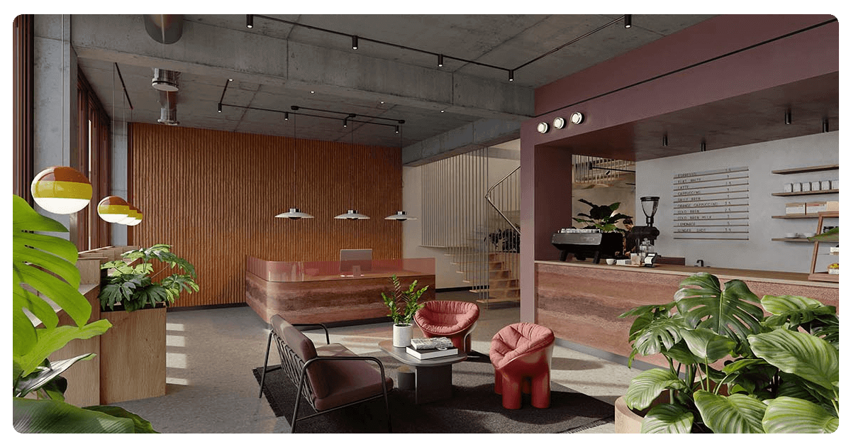 Clockwise reception lounge with wood panelling and red armchairs