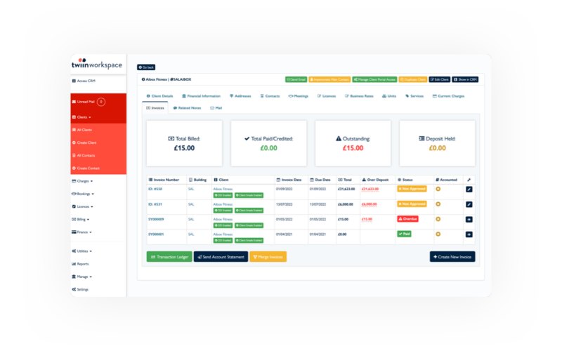 twiinworkspace dashboard showing occupancy, bookings and invoices